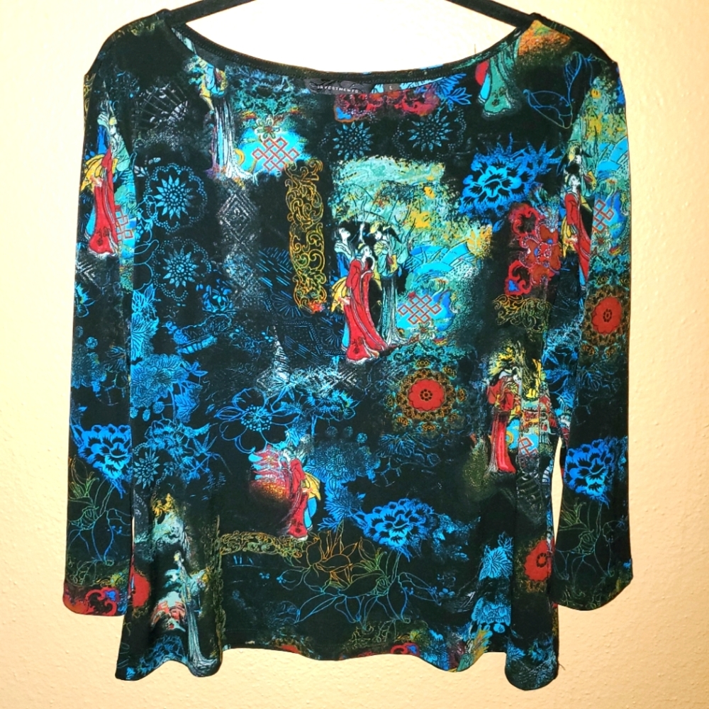 Investments II Top Women's Size L Black Artsy Flowy Blouse Comfort Long Sleeves